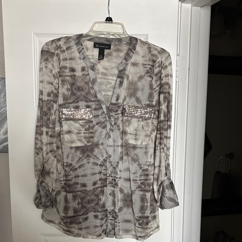 INC International Concepts Gray Tie-Dye Button-Down Shirt